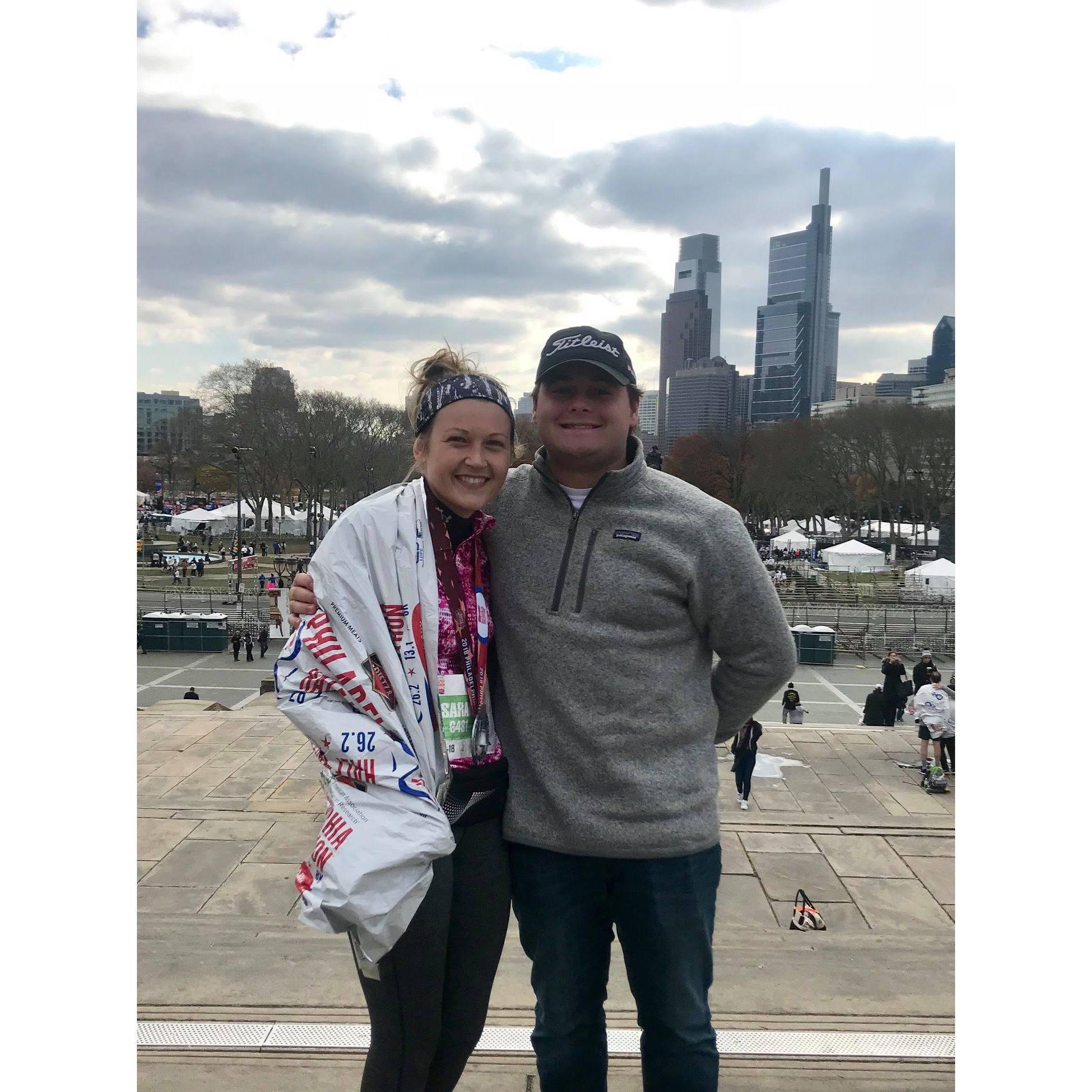 Derrick supporting Jen after she ran a half marathon - 2018