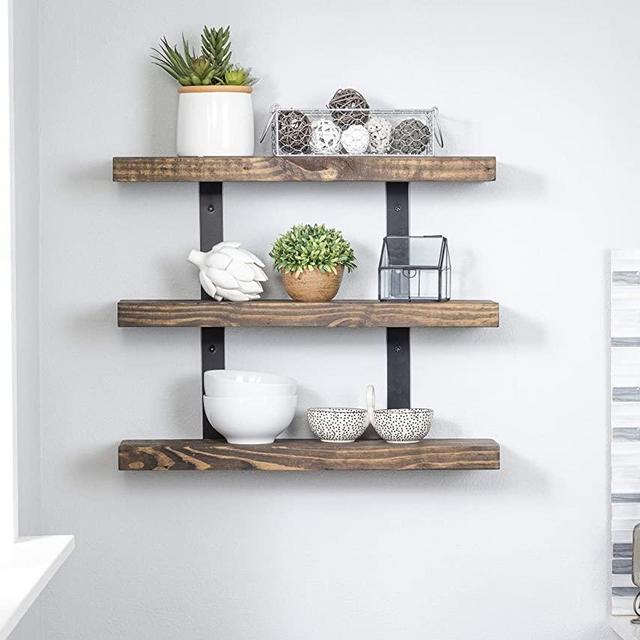 Industrial Metal Bracket Three-Tier Natural Wood Floating Shelf Set Rustic Farmhouse Kitchen, Bath, Laundry, Dorm (24 Inch, Dark Walnut)