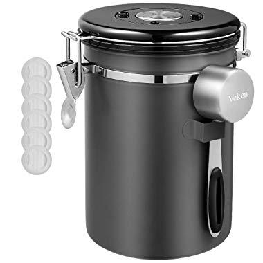 Veken Coffee Canister, Airtight Stainless Steel Kitchen Food Storage Container with Date Tracker and Scoop for Beans, Grounds, Tea, Flour, Cereal, Sugar, 22OZ, Gray