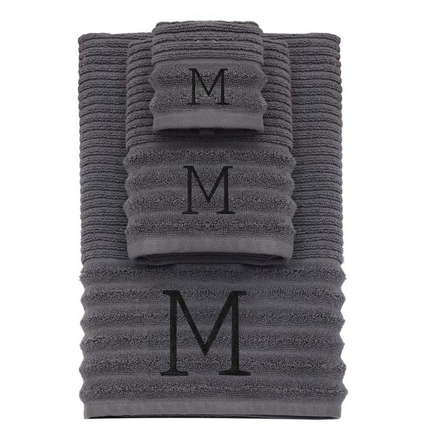 COTTON CRAFT Monogrammed 3 Piece Towel Set - 100% Cotton - Plush 600 GSM Sculpted Ribbed Super Zero Twist Bathroom Set - 1 Each of Bath, Hand, and Wash Towels - Soft Absorbent Luxury - Grey M