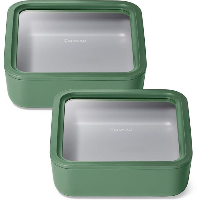 Caraway Glass Food Storage - 10 Cup Glass Container Duo - Ceramic Coated Food Container - Non Toxic, Non Stick Lunch Box Container with Glass Lids. Dishwasher, Oven, & Microwave Safe - Sage