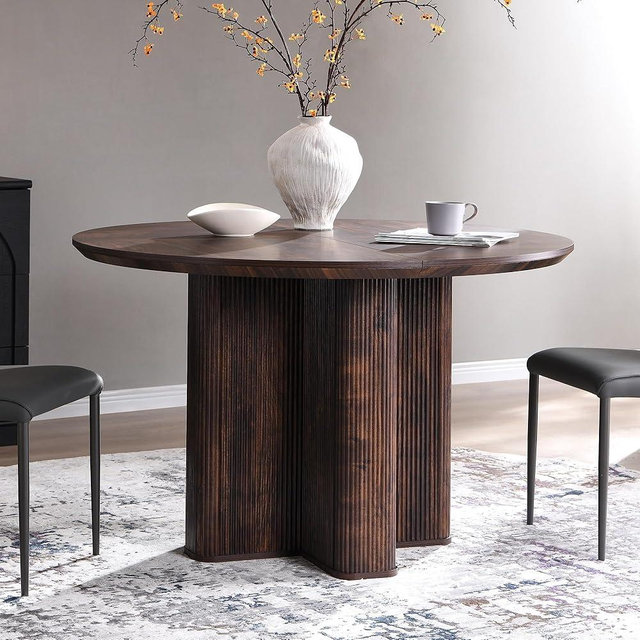 T4TREAM 47" Fluted Round Dining Table for 4-6, Mid-Century Modern Kitchen Table with Thickened Edge & Sturdy Pedestal Base for Kitchen Living Room,Dark Walnut(Table Only)