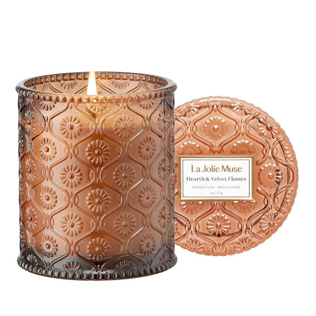 LA JOLIE MUSE Hearth & Velvet Flames Scented Candles, Fireside Candle, Christmas Candles for Home Scented, Warm Firewood Candles Gifts for Women, Winter Holiday Soy Wax Candle, 6 oz 40 Hours Burn