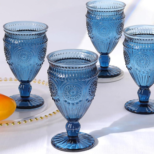 Darlion 4Pcs Blue Wine Glasses, 12oz Glass Goblets, Vintage Drinking Glassware, Colored Glassware Set for Party Home Wedding Baby Shower