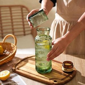 Green Bedside Water Carafe and Glass Set, 21.6 Oz Glass Pitcher with 6 Oz Drinking Cup Lid, Multi-Functional Mouthwash Dispenser for Bathroom Counter, Nightstand or Kitchen, Water Bottle Set