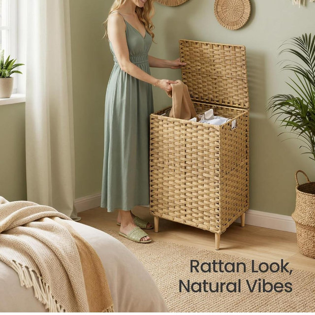 SONGMICS 2-Section Laundry Hamper with Lid, 29 Gal (110L) PE Rattan Laundry Basket with Removable Washable Liners, for Bedroom & Living Room, Goose Yellow ULCB222YE01