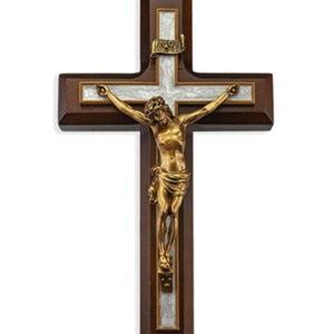 Walnut Crucifix with Gold and Enamel