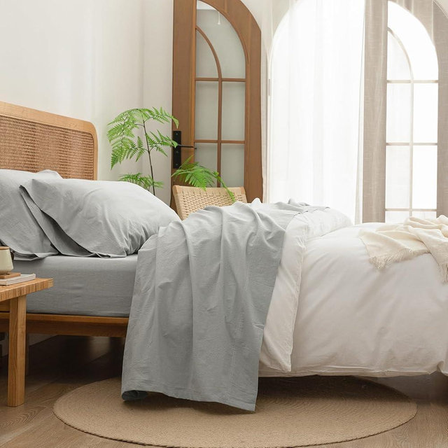 BESTOUCH Sheet Set 100% Washed Cotton Linen Feel Super Soft Comfortable Chic Lightweight 4 Pcs Home Bedding Set Solid Northern Droplet Grey King