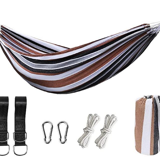 Double Cotton Hammock 2 Person Brazilian Canvas Hammock with Carrying Bag Metal Carabiner Ropes and Tree Straps for Indoor and Outdoor for Patio Porch Garden Backyard