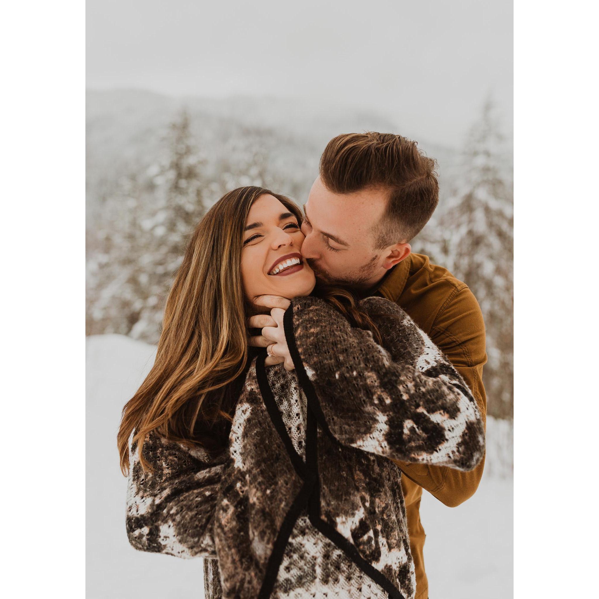 The day of our engagement photos we had just gotten almost a foot of fresh powder, and it made for the most beautiful shots in Glacier National Park!