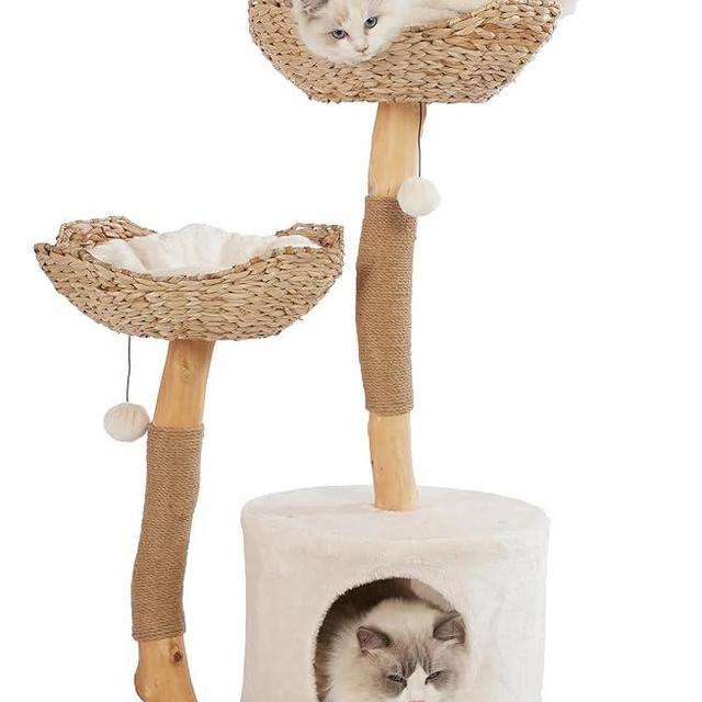 KONELCARE Natural Wood Cat Tree- Modern Cat Tower for Large Cat, 2 Baskets