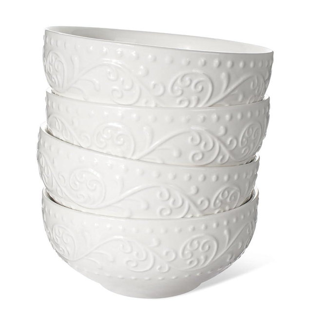 Artena Ceramic Dinner Plates Set of 4, 10.75 inch Embossed White Kitchen Plates for Salad, Ceramic Cereal Bowls 26 oz, Embossment Soup Bowls Set of 4, White Salad Bowls for Kitchen