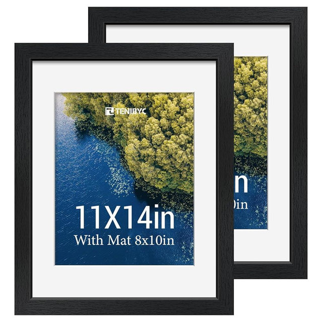 TENIBYC 11x14 Picture Frame Set - 2 Pack, Black Solid Wood Photo Frames, Tempered Glass, Displays Photos 8x10 with Mat or 11 x 14 without - Room, Office, Gallery, and Hallway Decor - Wall Hanging