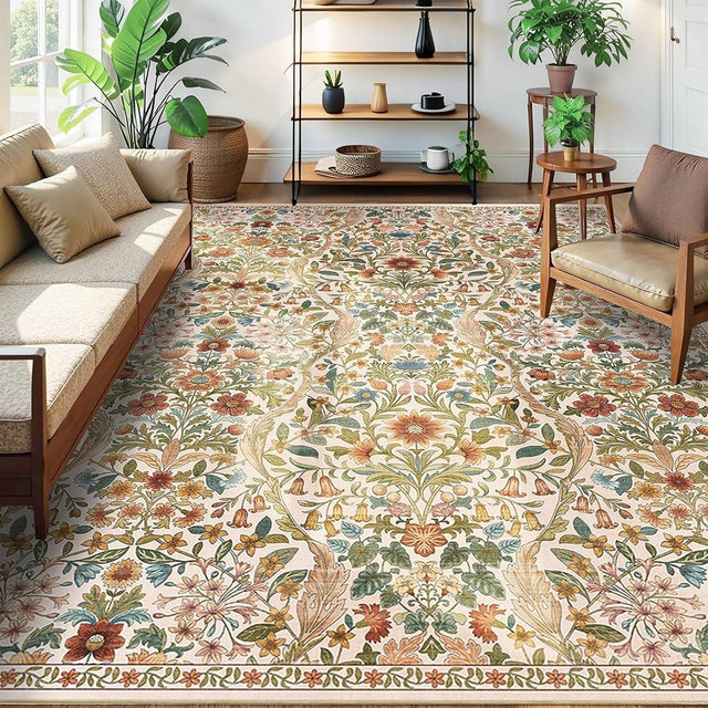 8x10 Washable Area Rug for Living Room, Large Vintage Beige Floral Rugs, Soft Non-Slip Stain Resistant Boho Lightweight Carpet for Girls Bedroom Dining Room Nursery Home Office