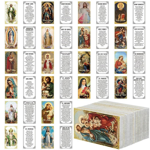 Skyygemm 240 Pcs Catholic Saint Prayer Cards Bulk Gifts Holy Cards Bookmarks Bulk 9×5cm with Catholic Saints and Prayers Assorted 20 Styles Set Inspirational Christian Gift for Women Men Kids Funeral