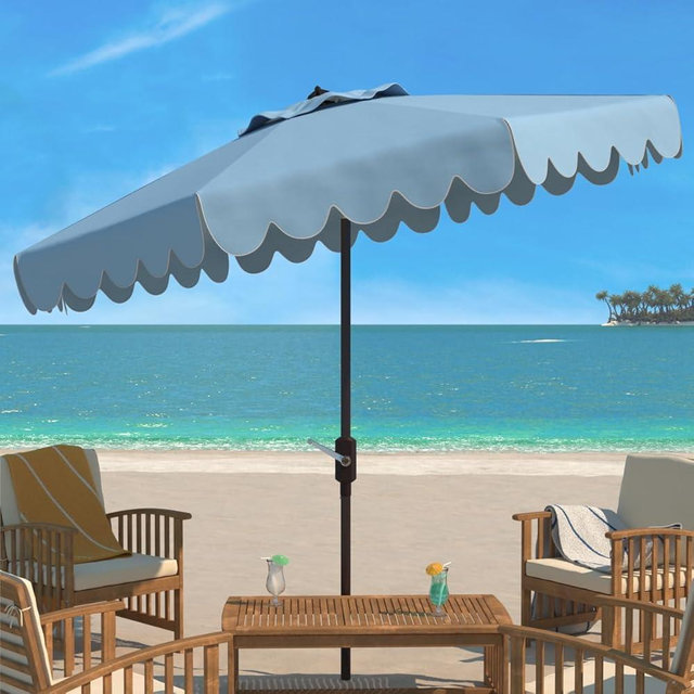 SAFAVIEH PAT8010A Collection Venice Navy and White Single Scallop 9Ft Crank Outdoor Push Button Tilt Umbrella