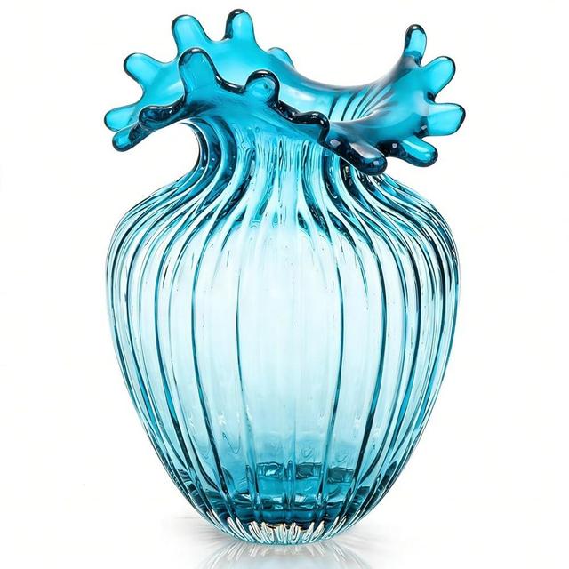 ZAVOOS Hand Blown Glass Vase, Modern Art Decorative Blue Vase for Flower Plants, Unique Bubble Waves Mouth Vase for Home Decor, Living Room Centerpieces, Table Bouquet, Wedding Decoration