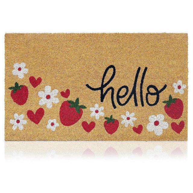 Hello Strawberries - 17"x29" - Coir Door Mat with Heavy Duty Backing - Welcome Mats for Entryway, Porch - Anti-Slip PVC & Coconut Fiber Surface - Natural Home Accessories, Minimalist Original Design