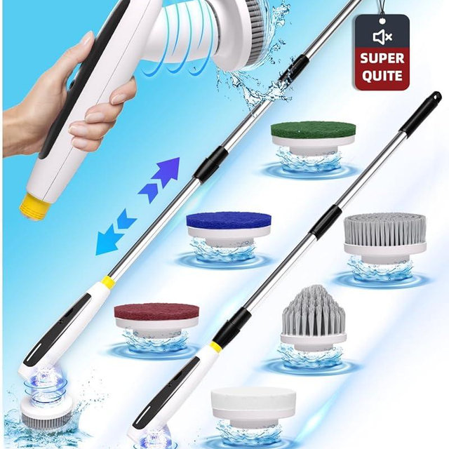 Electric Spin Scrubber, Quiet Bathroom Cleaner Brush, 2024 New Shower Scrubber with Long Handle, Cordless Cleaning Brush with Dual Speeds, Cleaning Supplies for Tub Shower Tile Floor