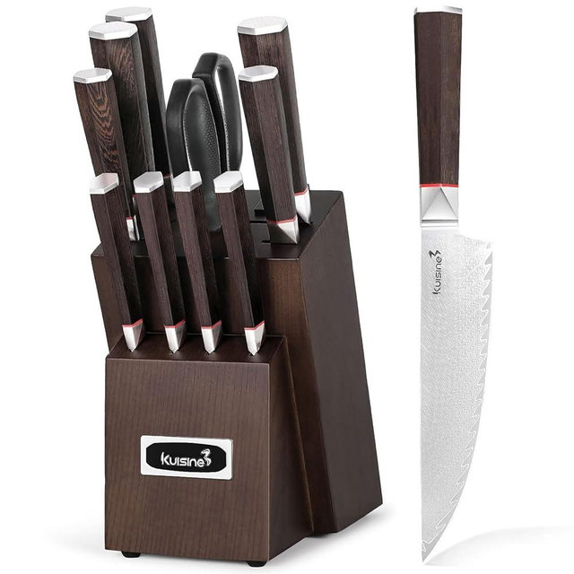 Kuisine Kitchen Knife Set, Authentic Damascus Steel Ultra Sharp, Ergonomic Non-slip Wood Handle, Chef's Knives Knife Block Set with Built-in Sharpener, Knife Block Set Luxury Gift (Silver, 12PCS)