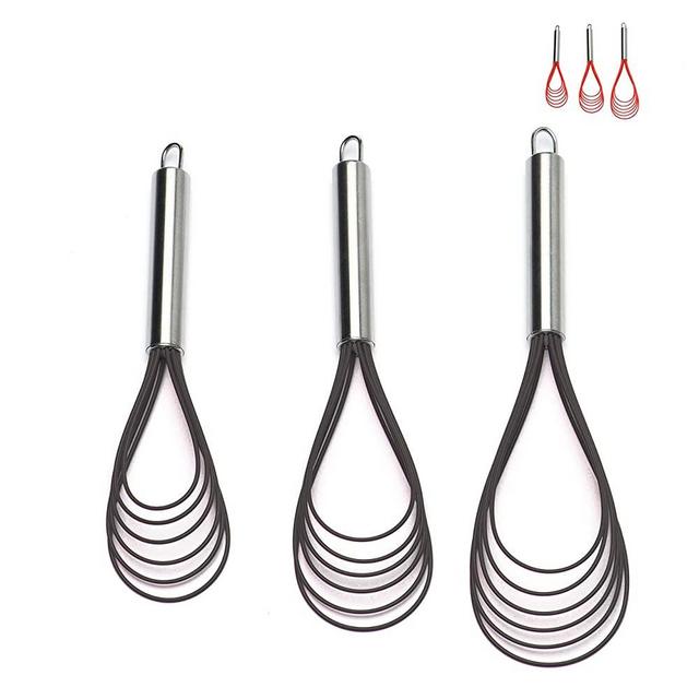 Flat Whisks Stainless Steel,3 Pack 10''+11''+12'' Set Premium Sturdy-6 Silicone Heads Non Stick Wires Whisk for Blending Beating Stirring Kitchen Cooking Color Grey by Jell-Cell