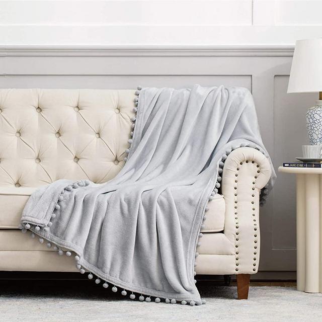 Bedsure Fleece Grey Throw Blanket -Pom Pom Throw for Bedroom -Soft Cozy Throw Blanket - Boho Blanket for Couch , Warm Fuzzy Throw Blanket Throw Size