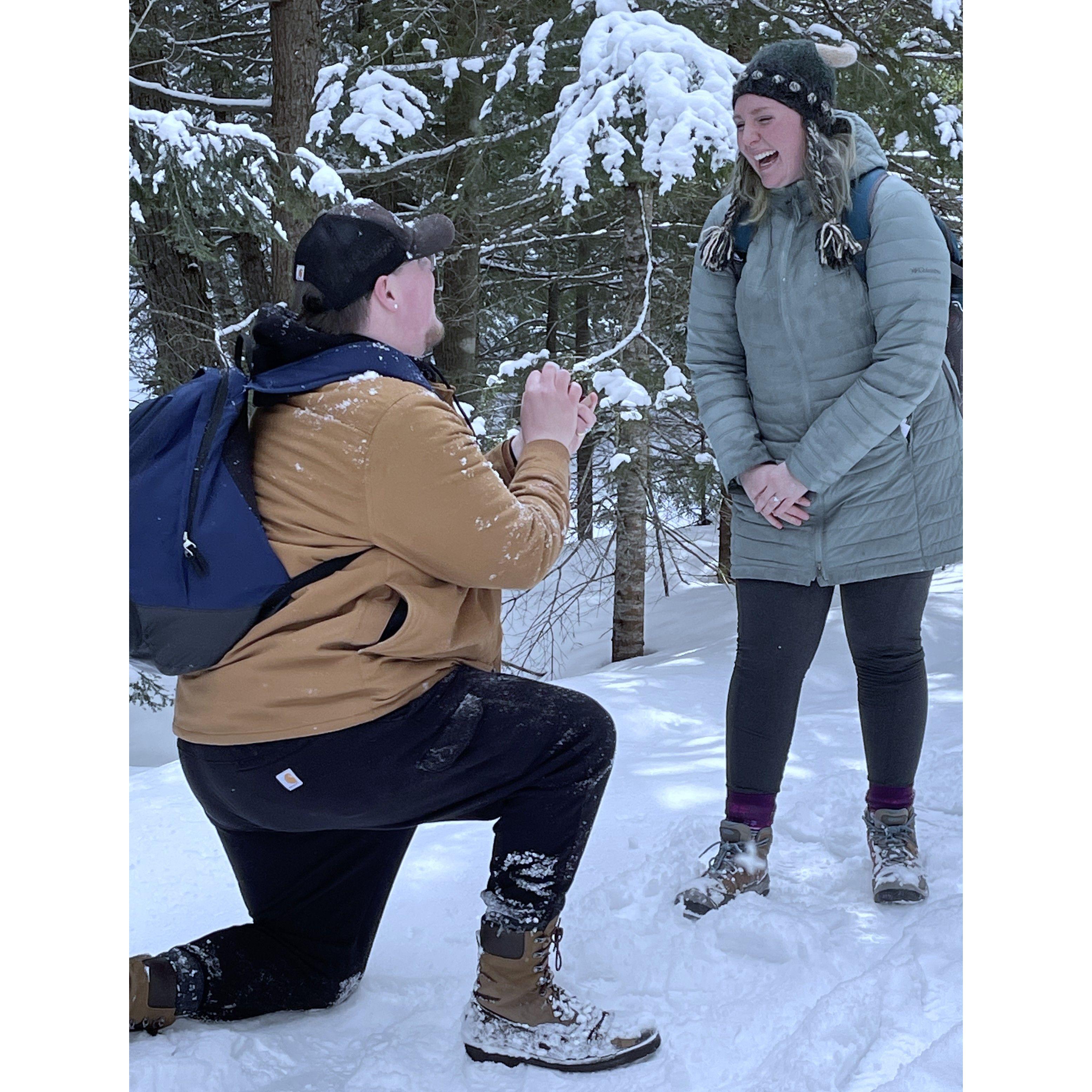 Our reenactment of the engagement by some hikers on the Porcupine Mountain trails.