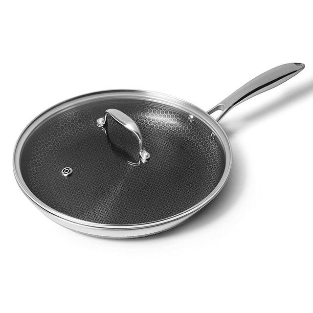 HexClad 12 Inch Hybrid Stainless Steel Frying Pan with Cooking Lid - Stay-Cool Handle, PFOA Free, Dishwasher and Oven Safe, Non-Stick, Works with Induction Cooktop, Gas, Ceramic, and Electric Stove
