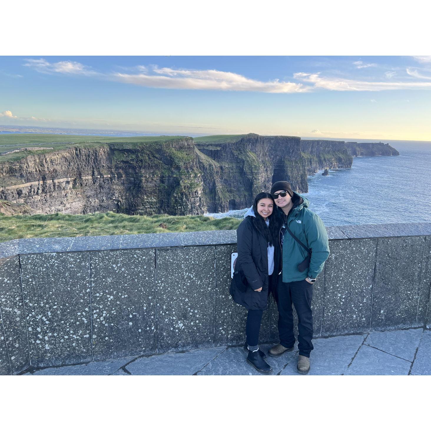 Cliffs of Moher, Ireland 2024. These cliffs have a reputation for being super cold, windy, and foggy... we had perfect sunny weather and a sunset!