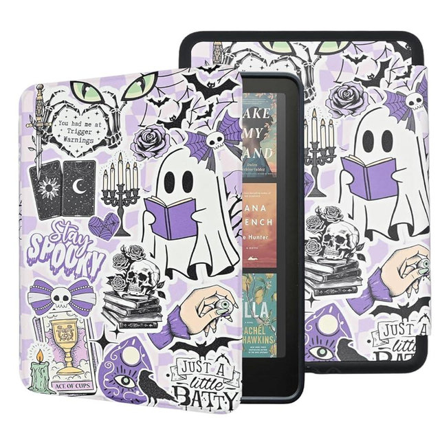 Case for All-New Kindle Paperwhite 12th Gen 2024 (7") & Kindle Colorsoft Signature Edition, Bookish Reading Lightweight Foldable Protective Soft Cover with Hand Strap, Purple Spooky