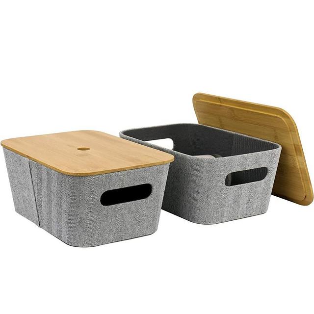 LA JOLIE MUSE Mid-Century Modern Light Gray Tweed Fabric Storage Basket Set of 2 for Cube Shelf Closet Bookcase Drawer Cabinet, Multipurpose Organizer Bin with Bamboo Lid