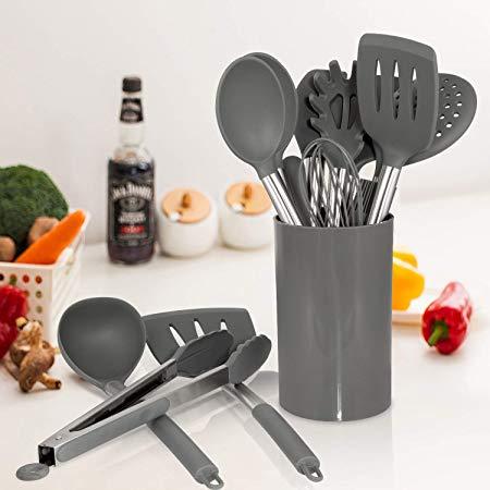 Silicone Cooking Utensil Set, AILUKI Kitchen Utensils 15 Pcs Cooking Utensils Set,Non-stick Heat Resistant Silicone Spatula Set, Cookware with Stainless Steel Handle - Grey