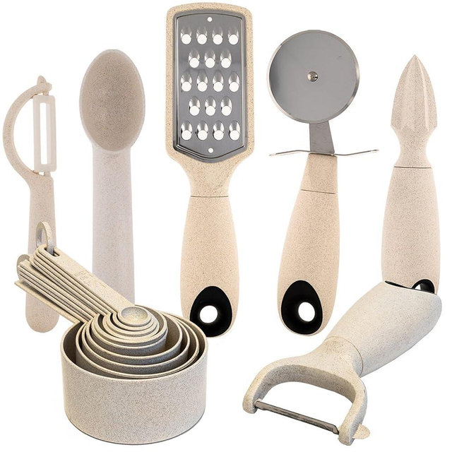 Beille 16pc Wheat Straw Complete Kitchen Utensils Set, Cream