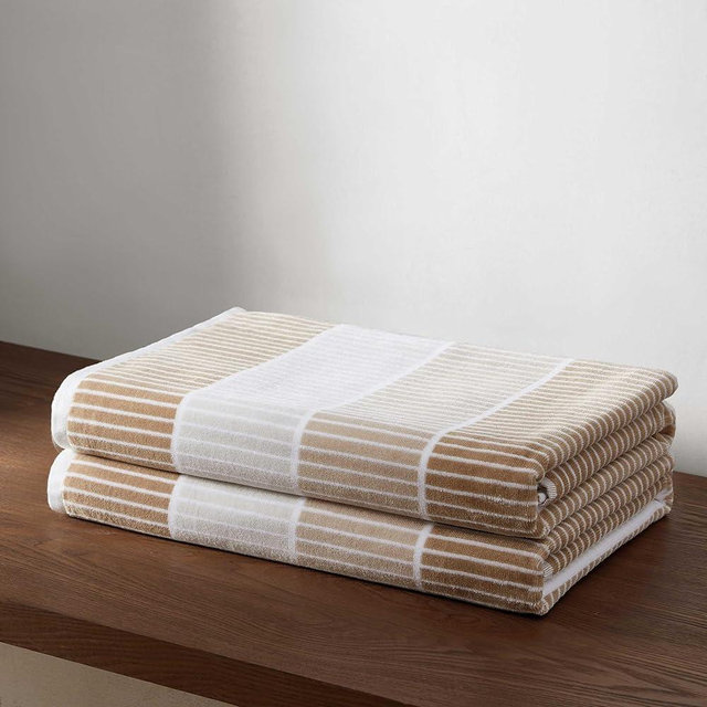 Calvin Klein - Beach Towels, 2-Piece Soft & Absorbent Towel Set, Classic Stripe Beach Essentials (Blocked Beige, 36" x 68")