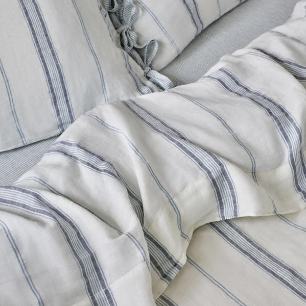 Piglet in Bed Dusk Blue Farmhouse Stripe 100% Linen Duvet Cover