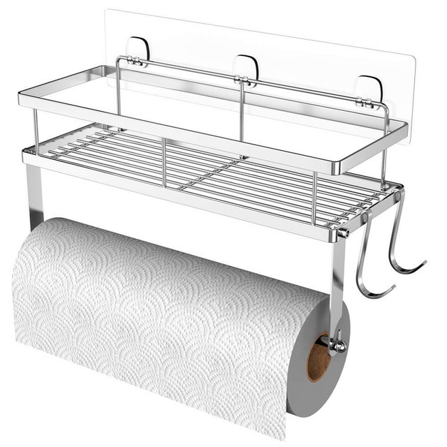 ESOW Paper Towel Holder with Shelf Storage, Adhesive Wall Mount 2-in-1 Basket Organizer for Kitchen & Bathroom, Durable Metal Wire Design, Stainless Steel 304 Brushed Nickel Finish