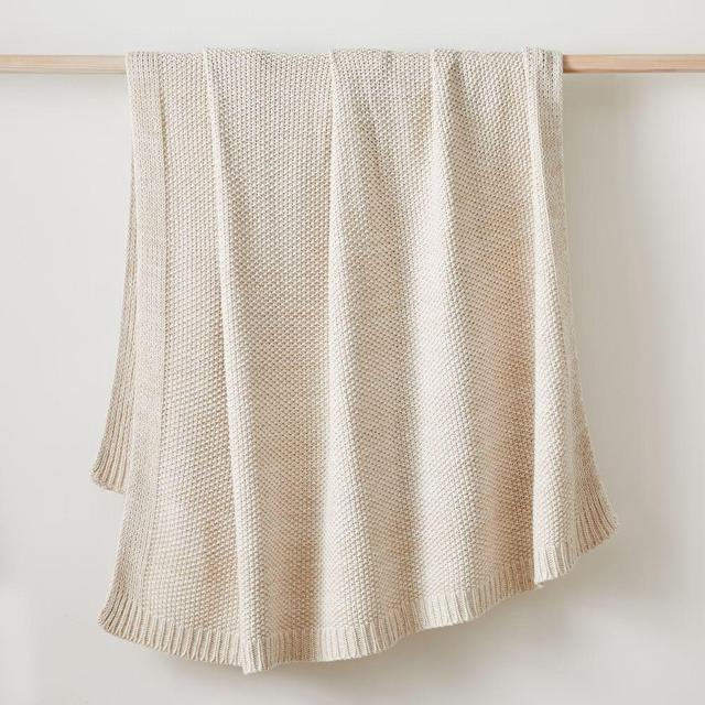 Two Tone Cotton Knit Throw, 50"x60", Natural Flax