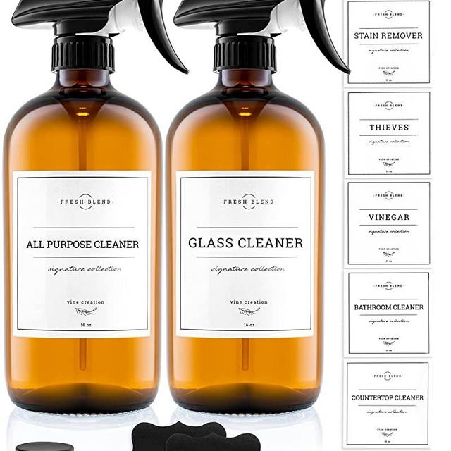 Vine Creations Amber Glass Spray Bottles 2 Pack with Waterproof Labels & Accessories, Thick 16oz Refillable Bottle for Essential Oils, Cleaning Solutions, Adjustable Nozzle with Mist & Stream Option