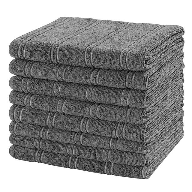Microfiber Kitchen Towels, 26 x 18 Inch Super Soft and Absorbent Dish Towels Set - 8 Pack Kitchen Hand Towels Tea Towels with Hanging Loop, Stripe Designed Dark Grey