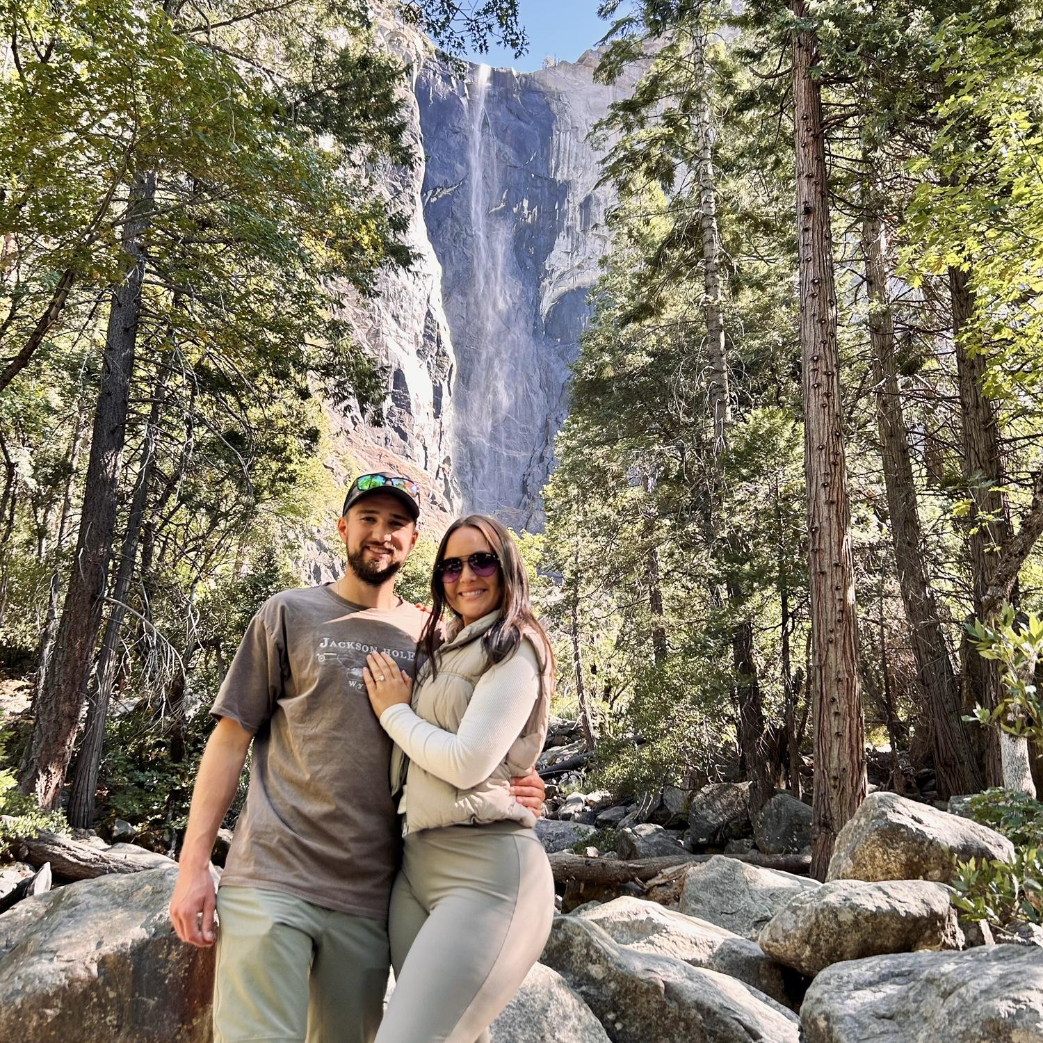 A photo after our engagement, under Bridal Veil Falls, Yosemite National Park - CA