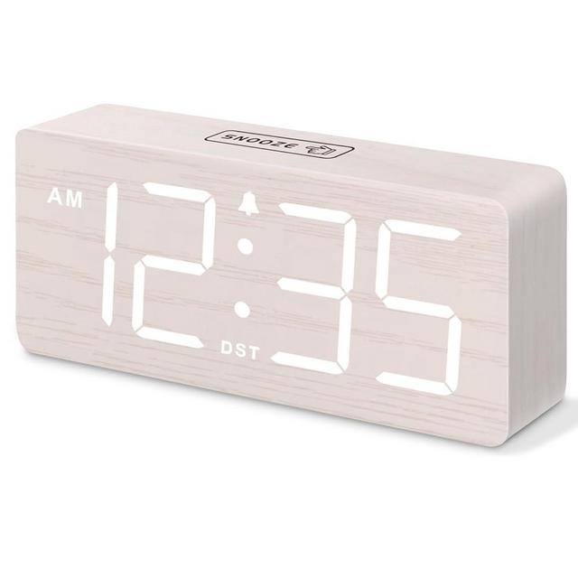 DreamSky Wooden Digital Alarm Clock for Bedroom - Desk Clock for Living Room with Large Numbers, Dimmer, Loud Alarm for Heavy Sleepers with Volume Control, DST, Office Wood Decor (Adapter Powered)