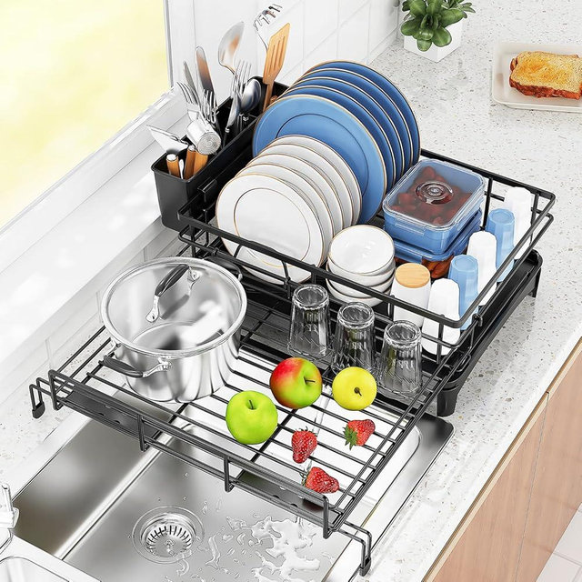 Large Dish Drying Rack,Extendable Dish Rack With Cutlery Holder, Anti-Rust Black Dish Racks For Kitchen Counter,Stainless Steel Dish Drainers For Kitchen Counter,Over The Sink Dish Drying Rack Kitchen