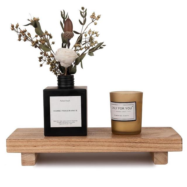 Small Wood Tray Pedestal Stand Farmhouse Bathroom Decor Decorative Wooden Riser Kitchen Soap Dish Holder for Vanity, Counter, Sink, 10" x 4.5" - Brown