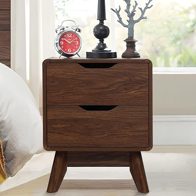 INTOBOO Mid-Century Modern Nightstand, 2-Drawer Side Table with Cut-Out Handles, Walnut End Table with Storage for Bedroom&Living Room (Single)