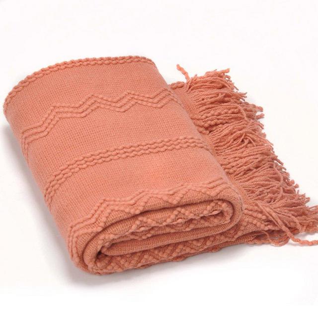 Battilo Intricate Woven Throw Blanket with Raised Patterns and Tasseled End, 50" L x 60" W, Salmon color