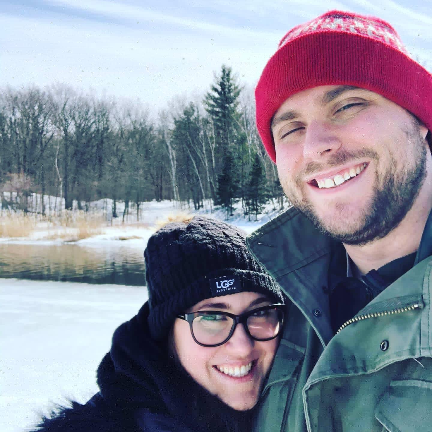First photo taken of us together - Mille Lacs Lake, March 2020
Alt Text: selfie of Maeghan and Keiran bundled up on a snowy winter day standing on a frozen lake