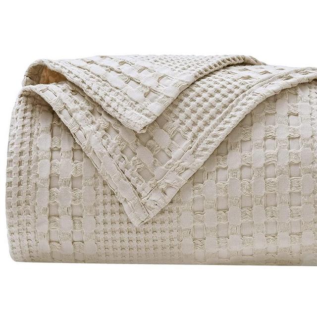 PHF 100% Cotton Waffle Weave Blanket Twin Size - Luxury Decorative Soft Breathable Skin-Friendly Blanket for All Season - Perfect Textured Blanket Layer for Couch Bed Sofa 66"x90" - Khaki
