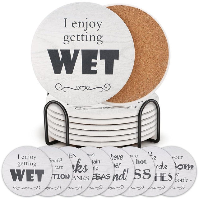 Billbotk Funny Coasters Set of 8, Ceramic Absorbent Coasters for Drink, White Elephant Gifts for Adults, 4 Inches