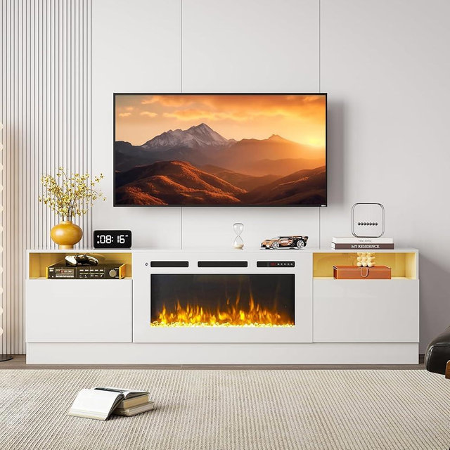 Breezestival Fireplace TV Stand with Two Hinged Doors for TVs UP to 80", Modern Electric Fireplace Entertainment Center with LED Lights & Storage Cabinets, TV Stand for Living Room 70" White&White