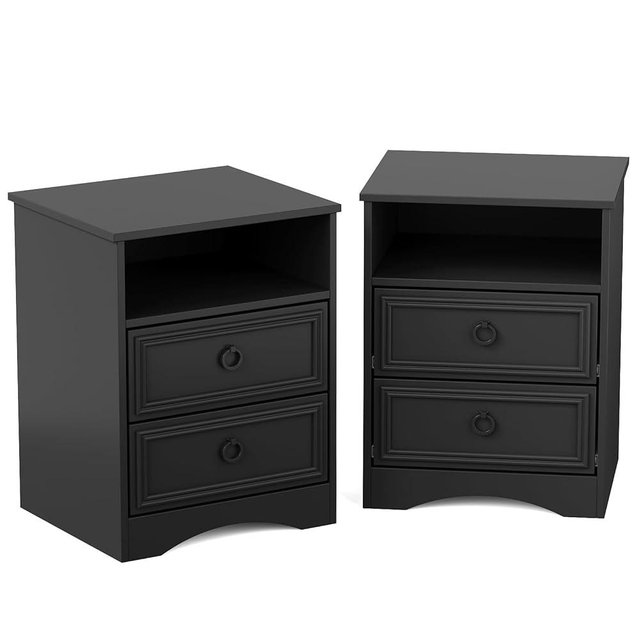 HolliWill Set of 2 Large Night Stand with Drawers, 17.7" W Nightstand with 2 Drawers, Accent Bed Side Table and End Table with Large Open Storage for Bedroom, Living Room,Black